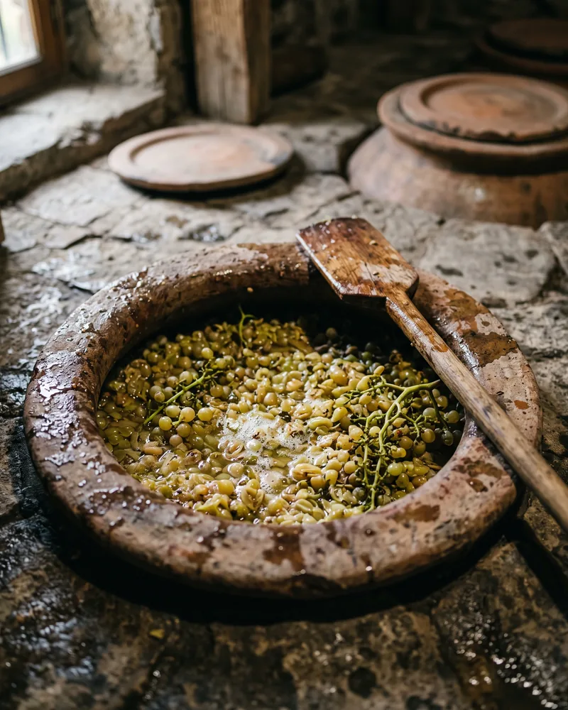 The open mouth of a clay qvevri set into a cellar floor, full of green-gold grapes on their stems, with a wooden paddle resting on the rim