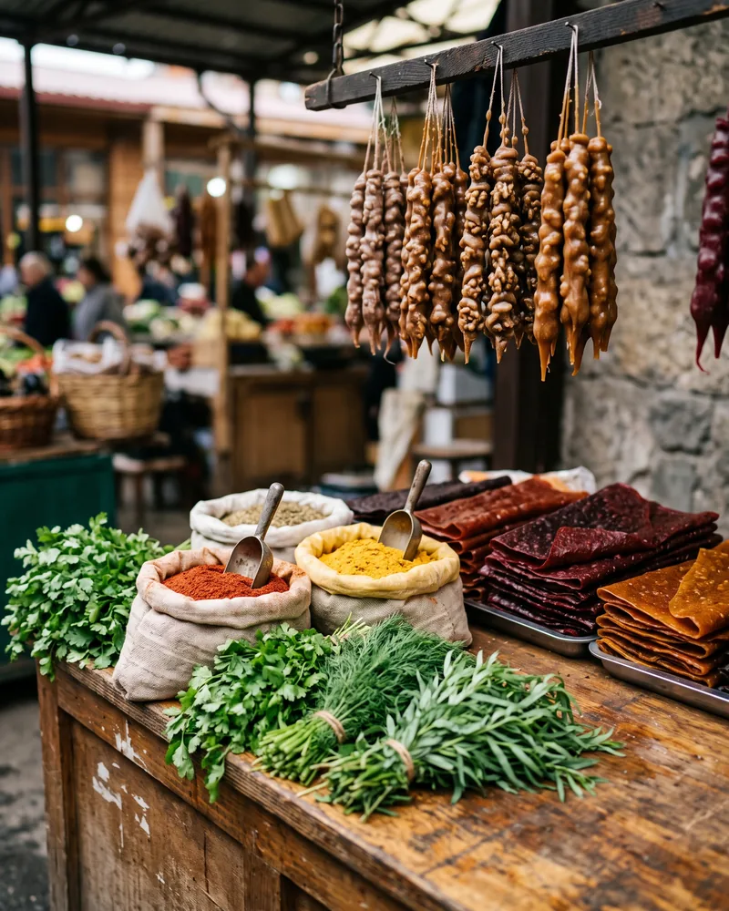 A market stall with bunches of herbs, open sacks of red and yellow ground spices, rolled fruit leather and hanging churchkhela