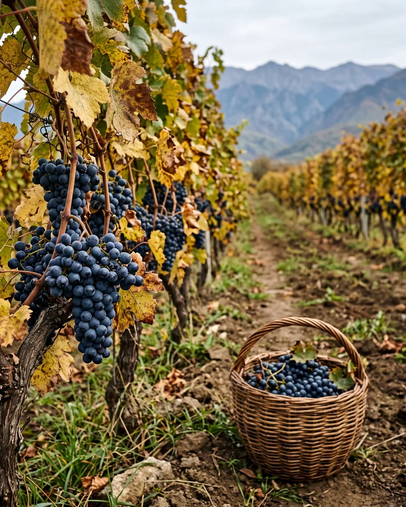 Bunches of dark grapes on autumn vines beside a basket of picked grapes, with rows running up a slope toward low mountains