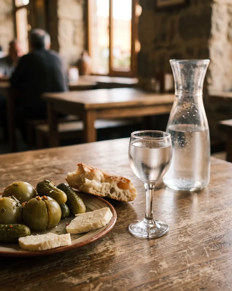 A small stemmed glass of clear chacha beside pickled green tomatoes, cucumbers, white cheese and bread on a wooden table, with a carafe behind
