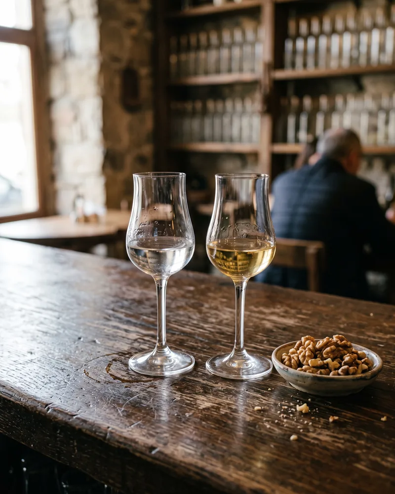 2 small tasting glasses on a dark wooden bar, one of clear chacha and one of golden oak-aged chacha, with a dish of walnuts