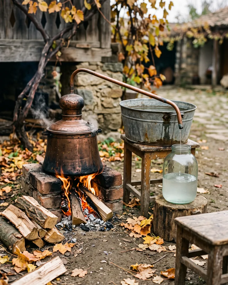 A small copper still over a wood fire in an autumn courtyard, its copper pipe running past a metal tub and dripping clear spirit into a glass jar
