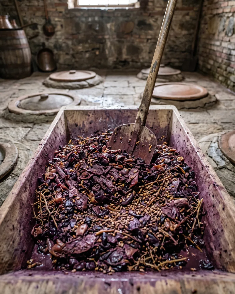 A damp heap of crushed purple grape skins, pips and bare stems in a wooden trough in a stone cellar, with a wooden shovel pushed into it