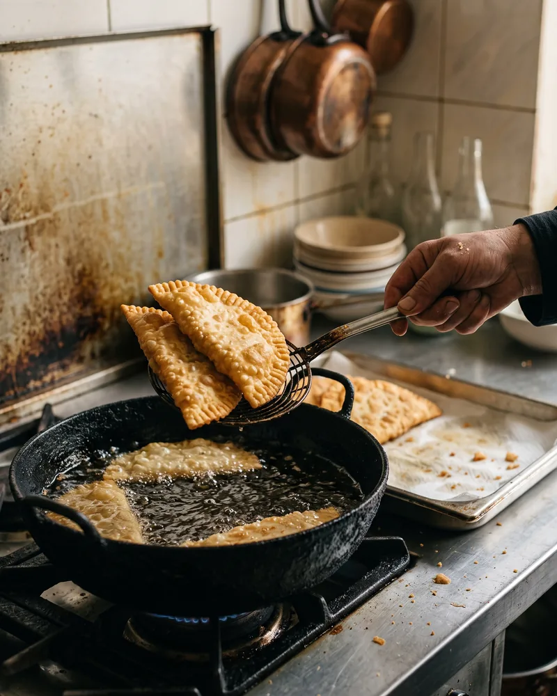2 golden half-moon chebureki lifted out of bubbling oil on a slotted spoon, with more frying in the pan below