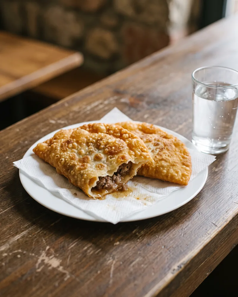 2 golden fried chebureki on a paper napkin on a white plate, one broken open to show the minced meat and juice, beside a glass of water
