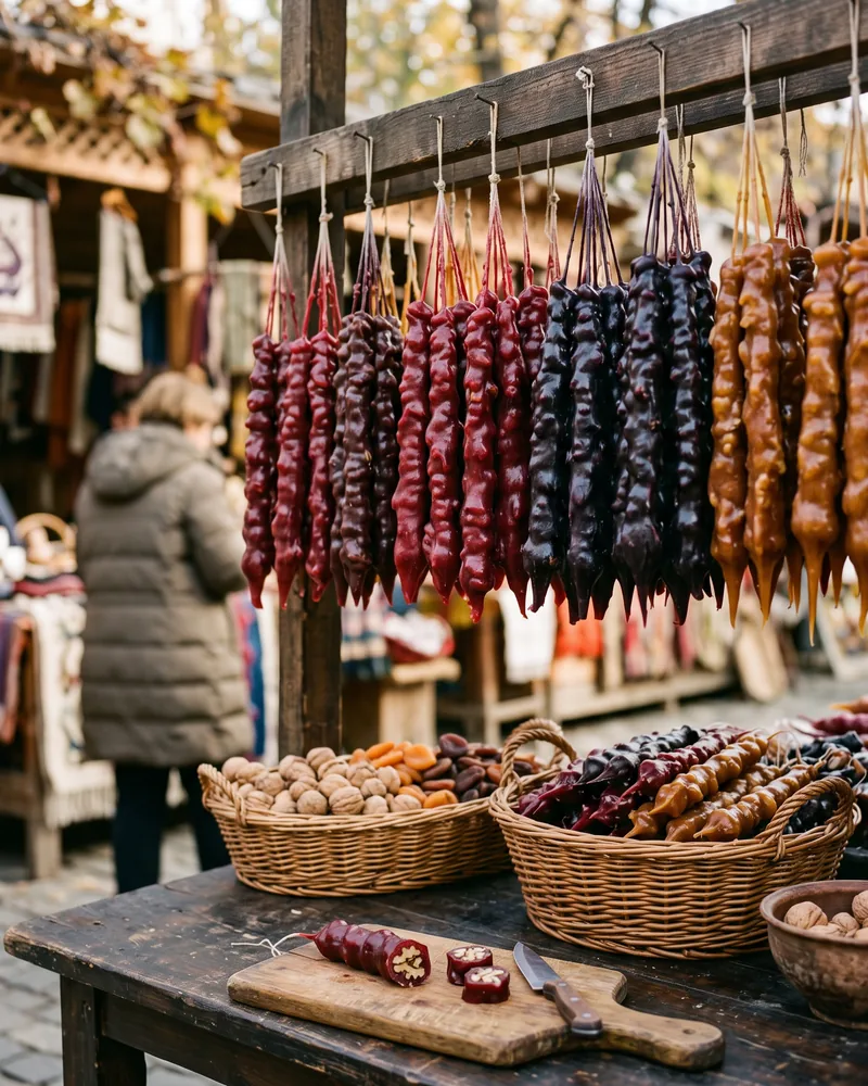 Strings of dark red, purple and amber walnut churchkhela hanging from a wooden rail at a market stall, with a few cut rounds on a board in front