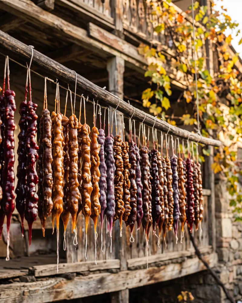 Rows of freshly made dark red, purple and amber churchkhela hanging to dry from a pole on a wooden balcony in autumn sun