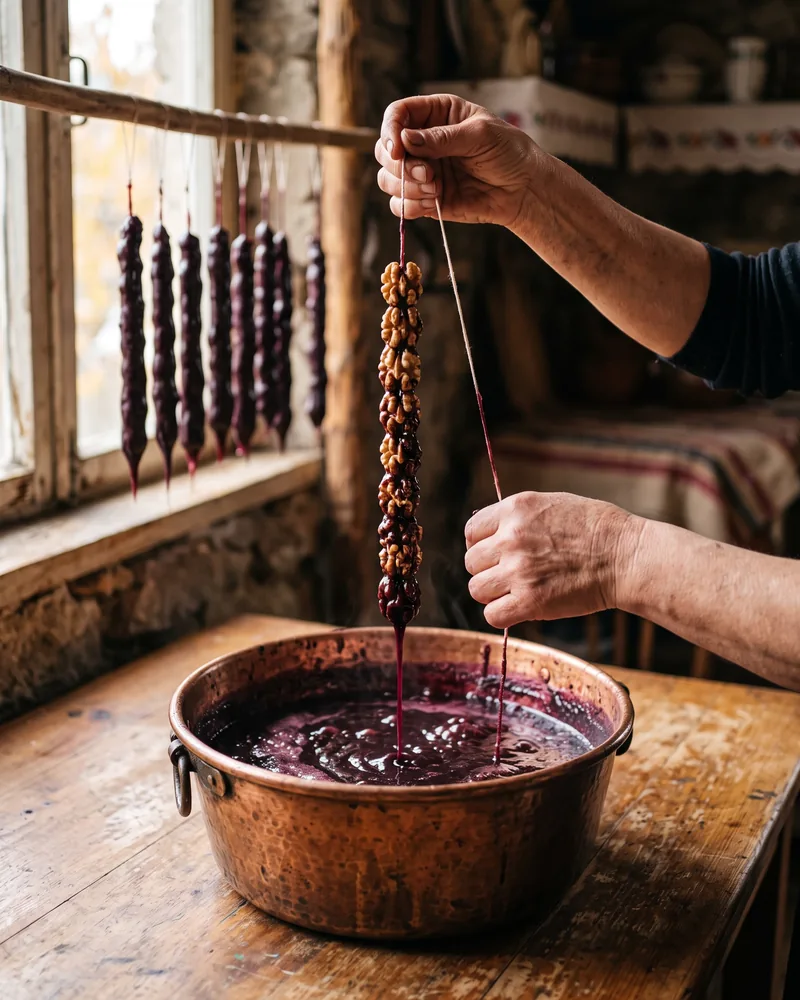 Hands lifting a string of walnuts out of a copper pot of thick purple grape must, with finished strings hanging to dry behind