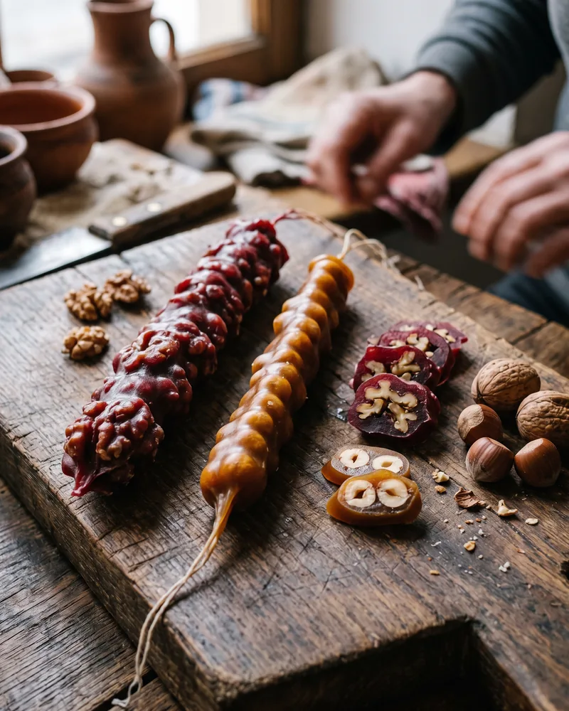 A thick dark red walnut churchkhela beside a slimmer amber hazelnut one on a wooden board, each with rounds cut to show the nut inside