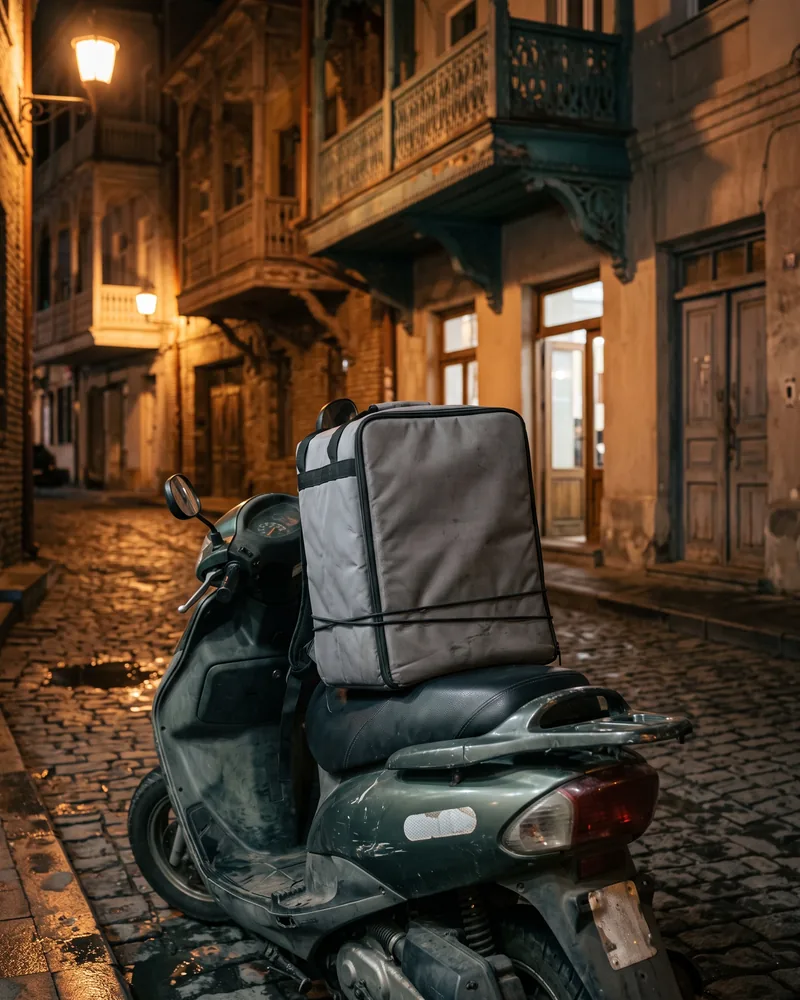 A plain grey insulated delivery bag strapped to a scooter seat on a cobbled Old Tbilisi street at night, with carved wooden balconies behind