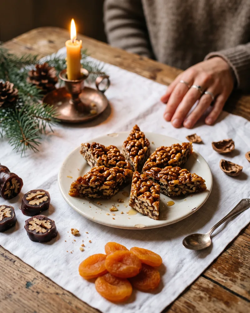 Diamond-shaped pieces of walnut and honey gozinaki on a plate beside churchkhela rounds and dried apricots, with a sprig of fir behind