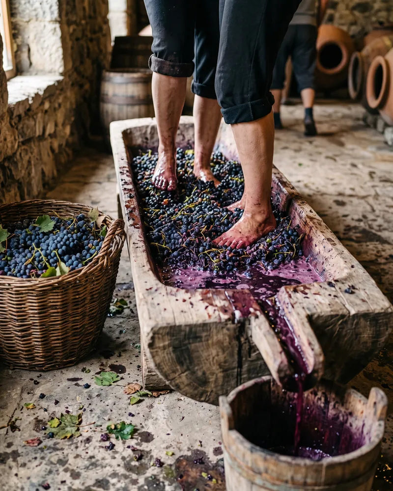 Bare feet treading dark grapes in a long wooden trough carved from a single log, with purple juice running to one end