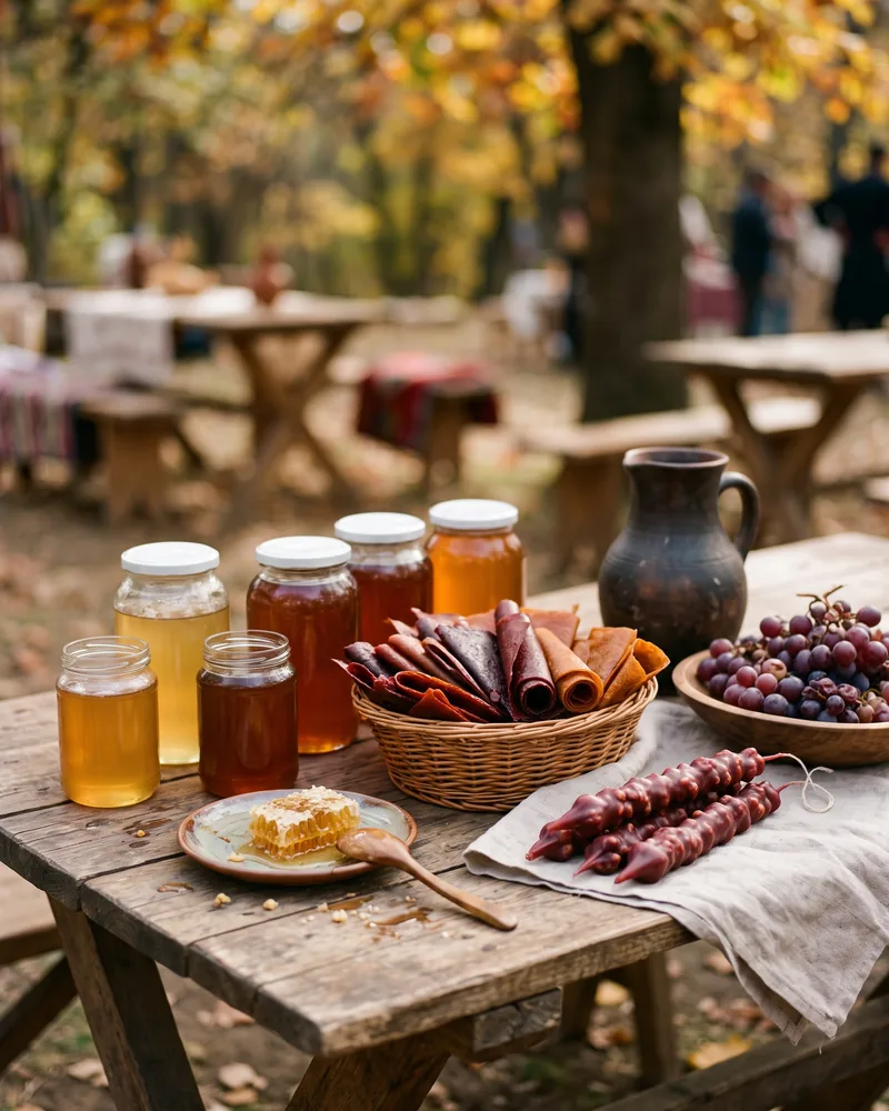 A festival stall table with jars of honey, honeycomb, rolled sheets of fruit leather, strings of churchkhela and a bowl of grapes