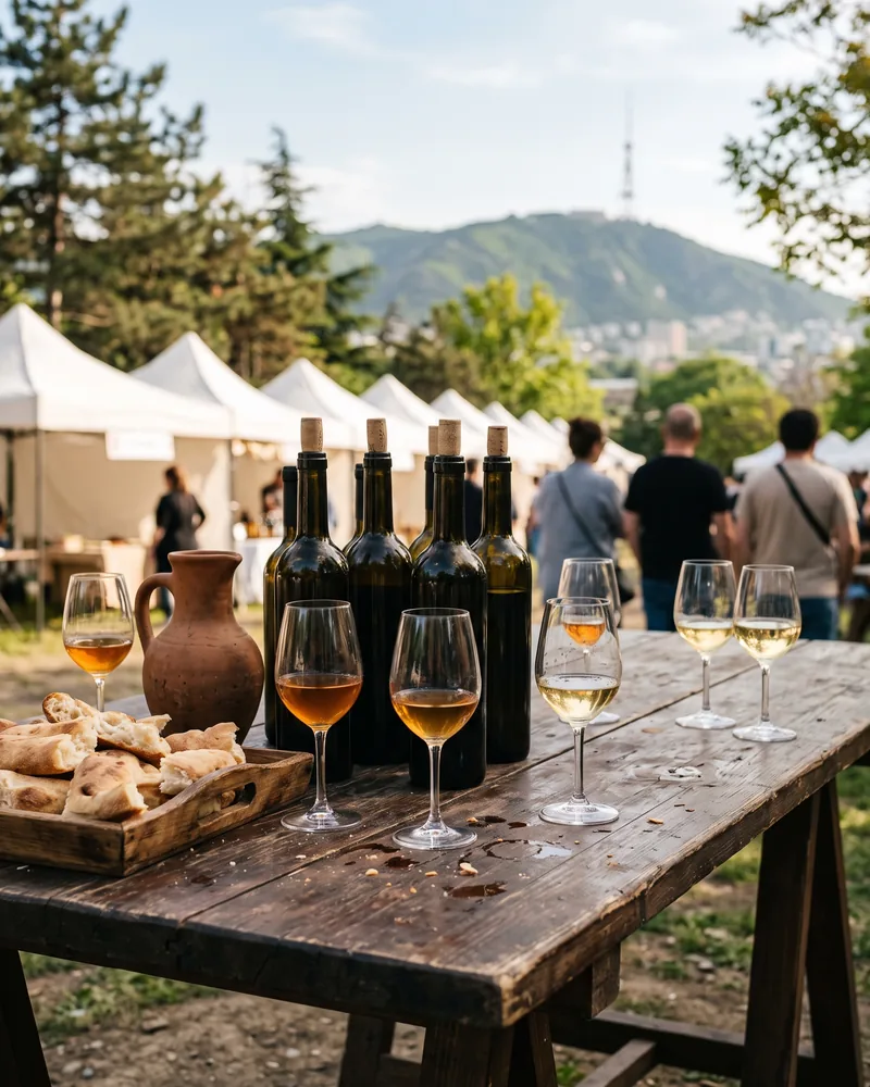Corked wine bottles, glasses of amber and white wine, a clay jug and a tray of bread on a trestle table at an outdoor wine festival, with white tents and visitors seen from behind