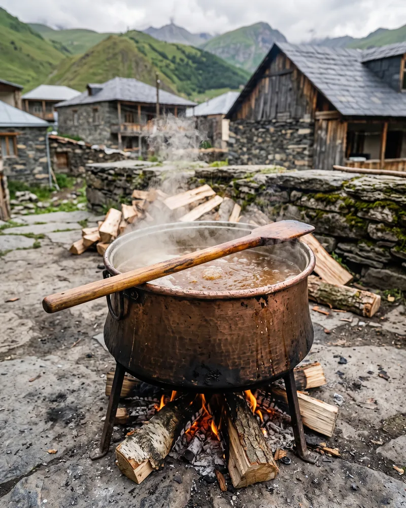 A copper cauldron of steaming cloudy brew over a wood fire in a stone yard, with a wooden paddle across the rim and stone houses and mountains behind