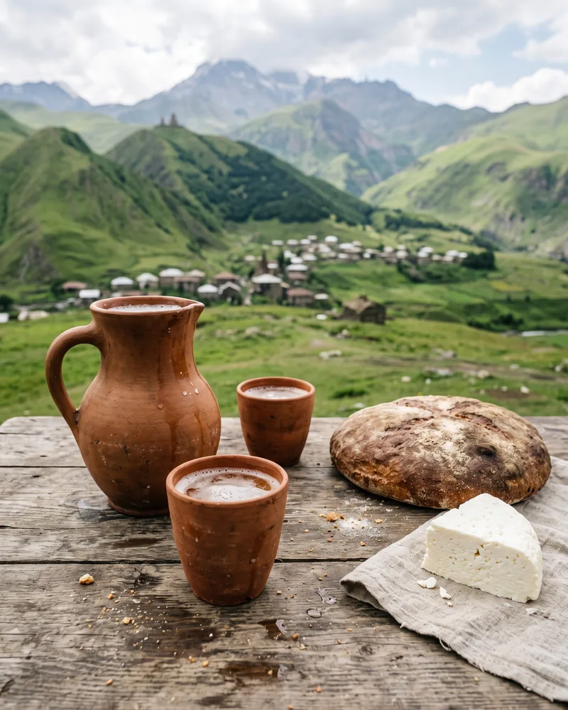 A clay jug and 2 clay cups of foamy beer with a round loaf and white cheese on a wooden table above a mountain village