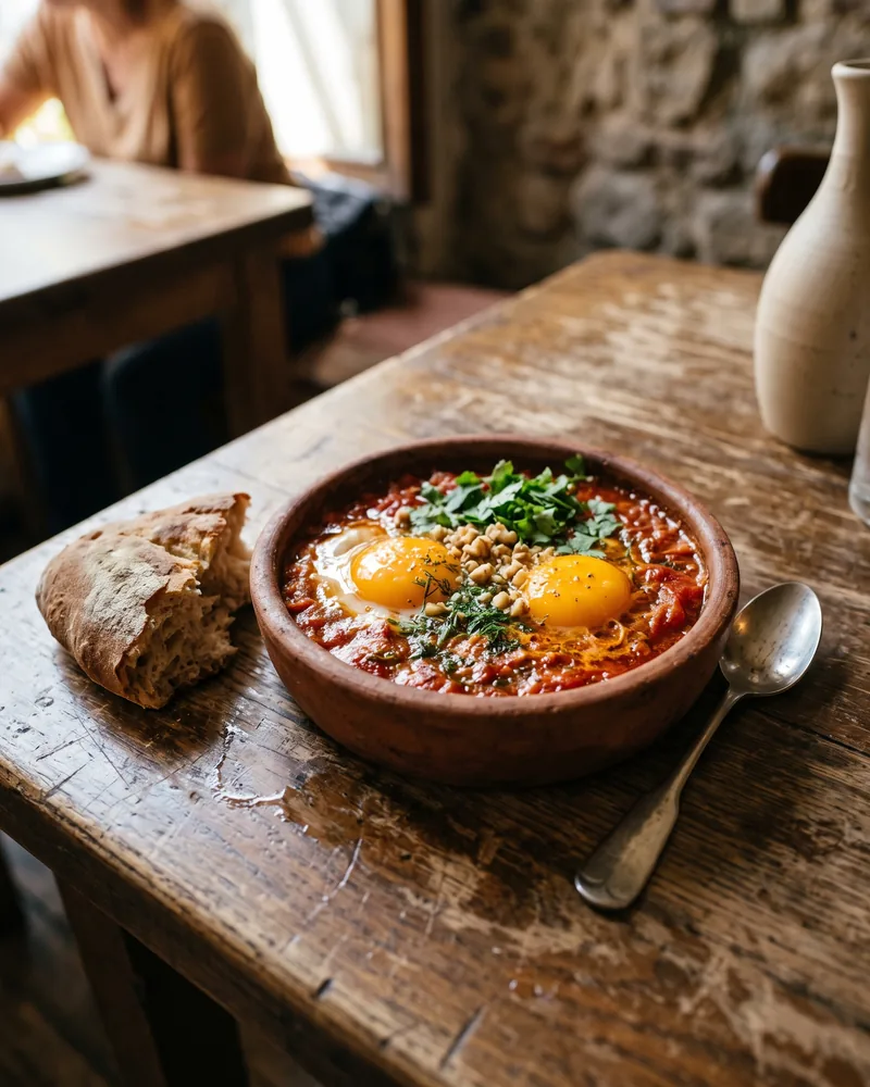 Chirbuli: 2 eggs set in tomato and onion sauce with chopped nuts and herbs in a small clay dish, beside torn bread