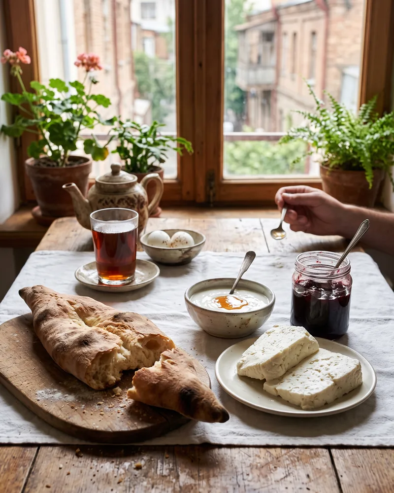 A Georgian home breakfast by a window: torn tone bread, slabs of white cheese, matsoni with honey, cherry preserve, boiled eggs and a glass of black tea
