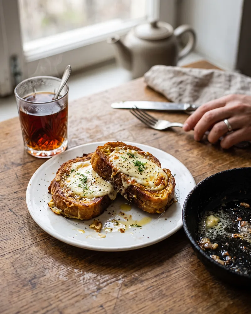2 slices of egg-fried bread topped with melted white cheese and dill on a white plate, beside a glass of tea and a frying pan