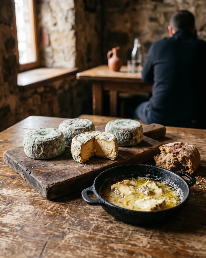 Small cheeses with a grey-green mould rind, one cut to show a golden inside, beside a pan of the same cheese melting in clarified butter