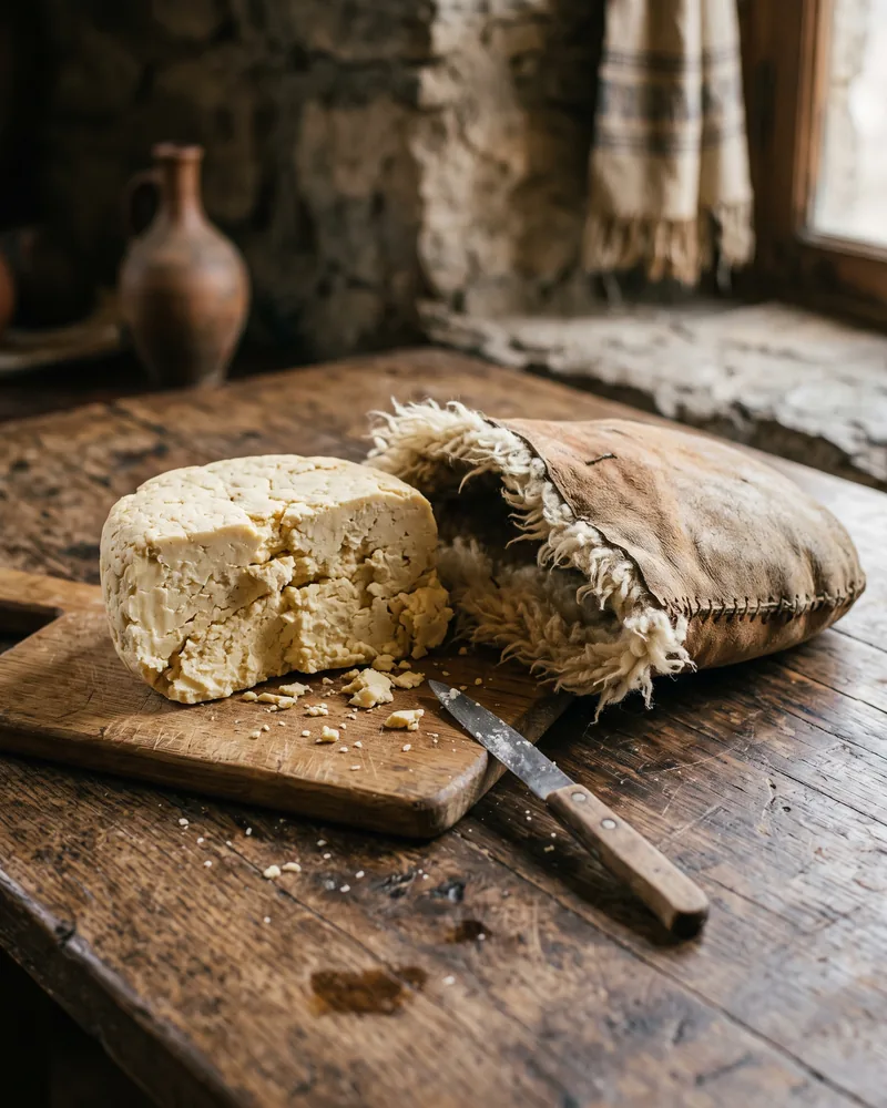 A round of crumbly pale sheep's cheese broken open on a board beside a stitched sheepskin bag with the wool on the inside