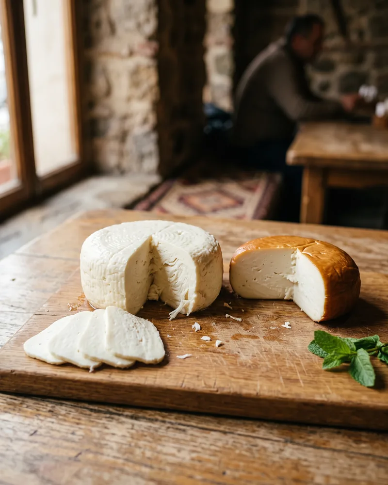 A disc of white sulguni with a wedge cut out, slices fanned beside it, and a smoked sulguni with an amber-brown skin cut in half