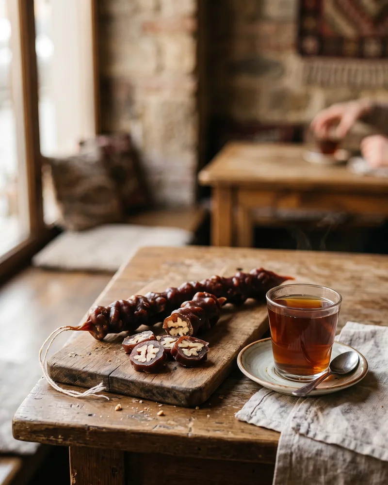 A dark red walnut churchkhela on a wooden board, partly cut into rounds showing the walnuts inside, beside a glass of tea