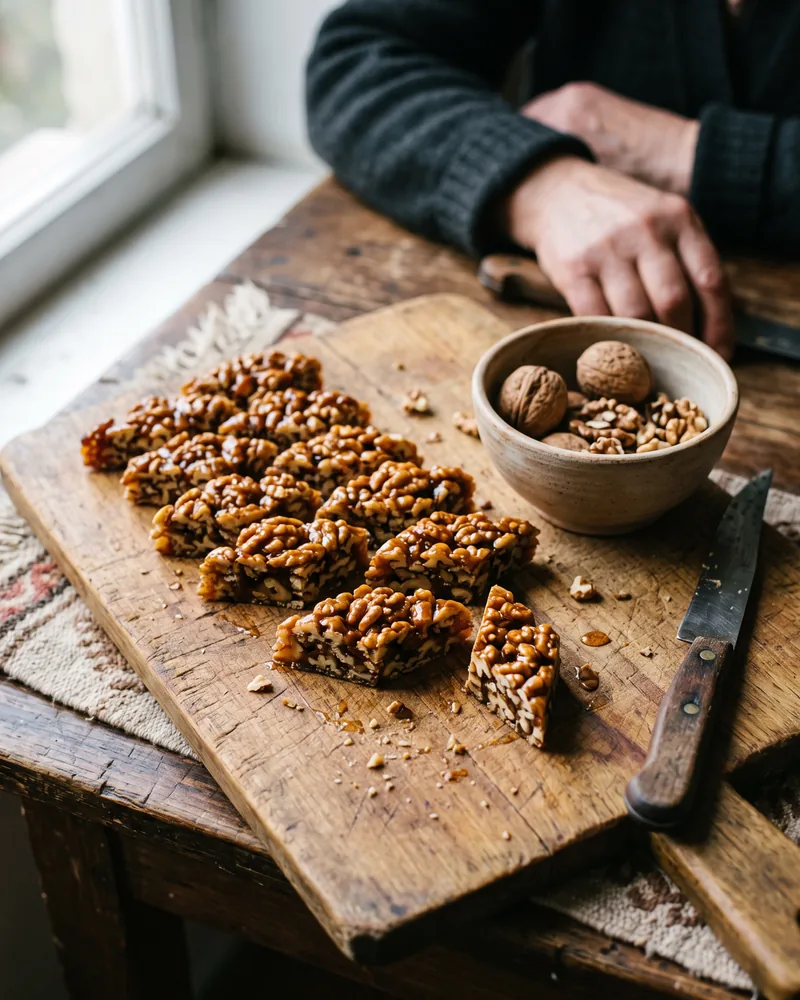 Pieces of walnut and honey gozinaki cut on a wooden board beside a bowl of walnuts and a knife