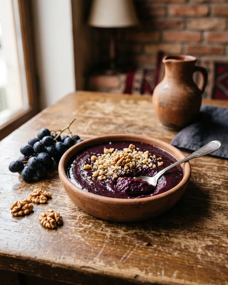 A bowl of dark purple pelamushi scattered with crushed walnuts beside a bunch of red grapes