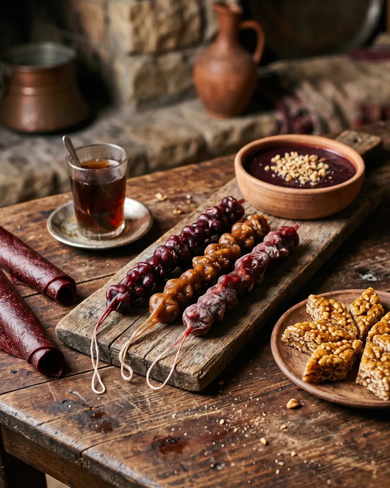Churchkhela, gozinaki, a bowl of pelamushi and rolled tklapi on a wooden table with a glass of tea