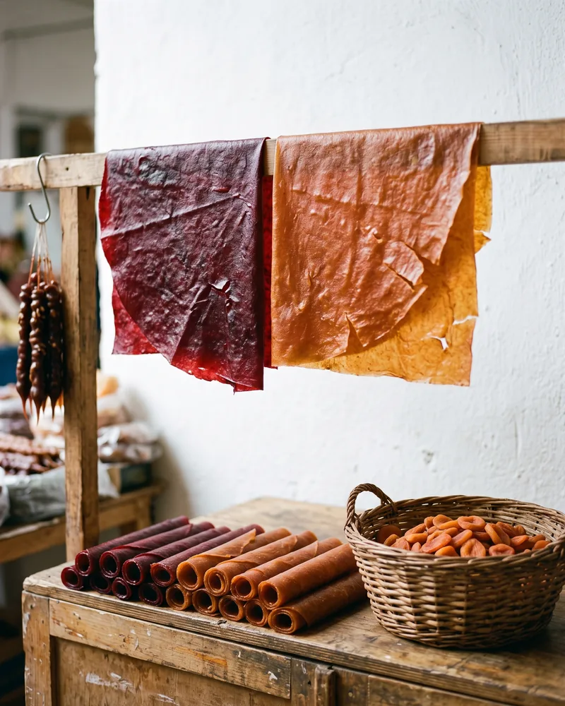 Flat sheets and rolled tubes of red plum and orange apricot tklapi at a market stall, with a basket of dried apricots