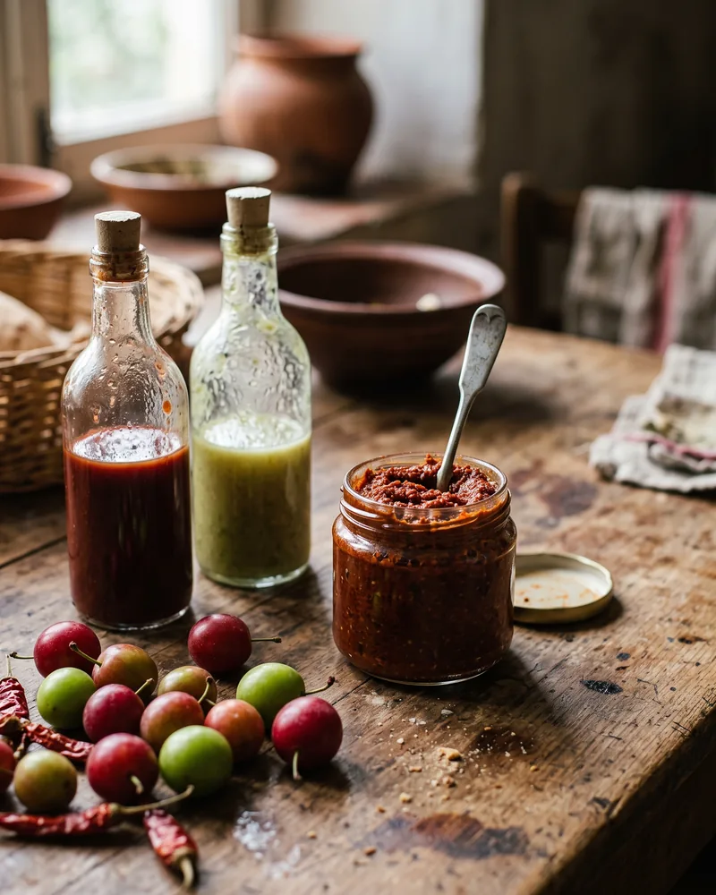A jar of red adjika paste beside bottles of red and green tkemali sauce, cherry plums and dried chillies on a wooden table