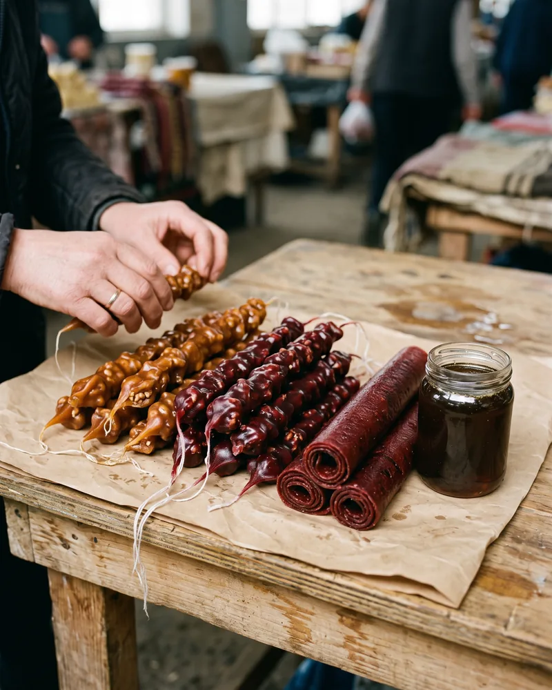 Hands sorting strings of amber and red churchkhela on brown paper at a market table, beside rolled plum tklapi and a jar of dark honey