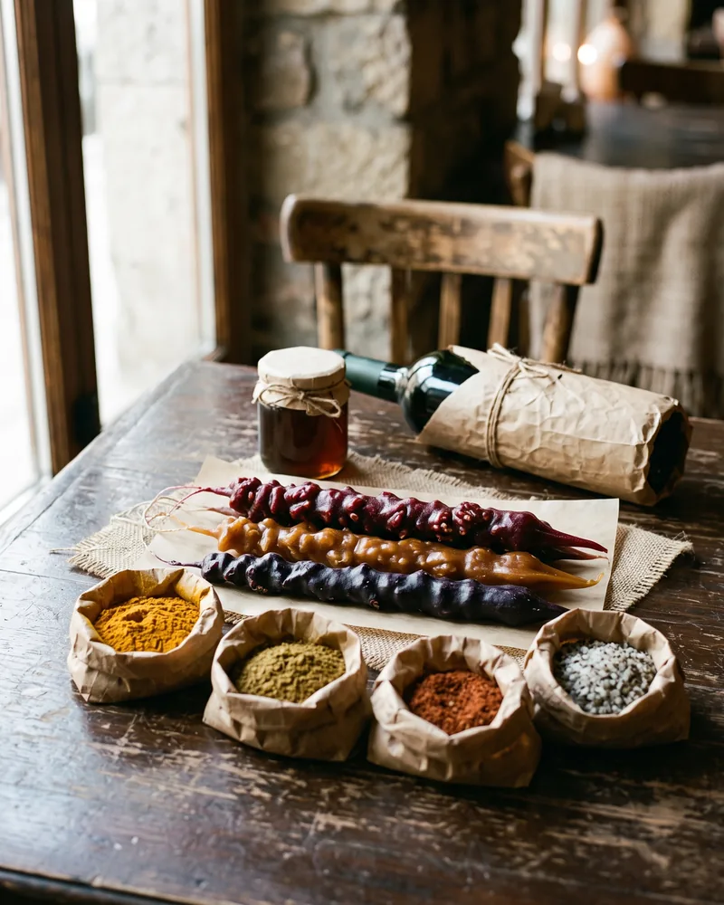 Strings of walnut churchkhela, small paper bags of ground spices and salt, a jar of honey and a paper-wrapped wine bottle on a wooden table