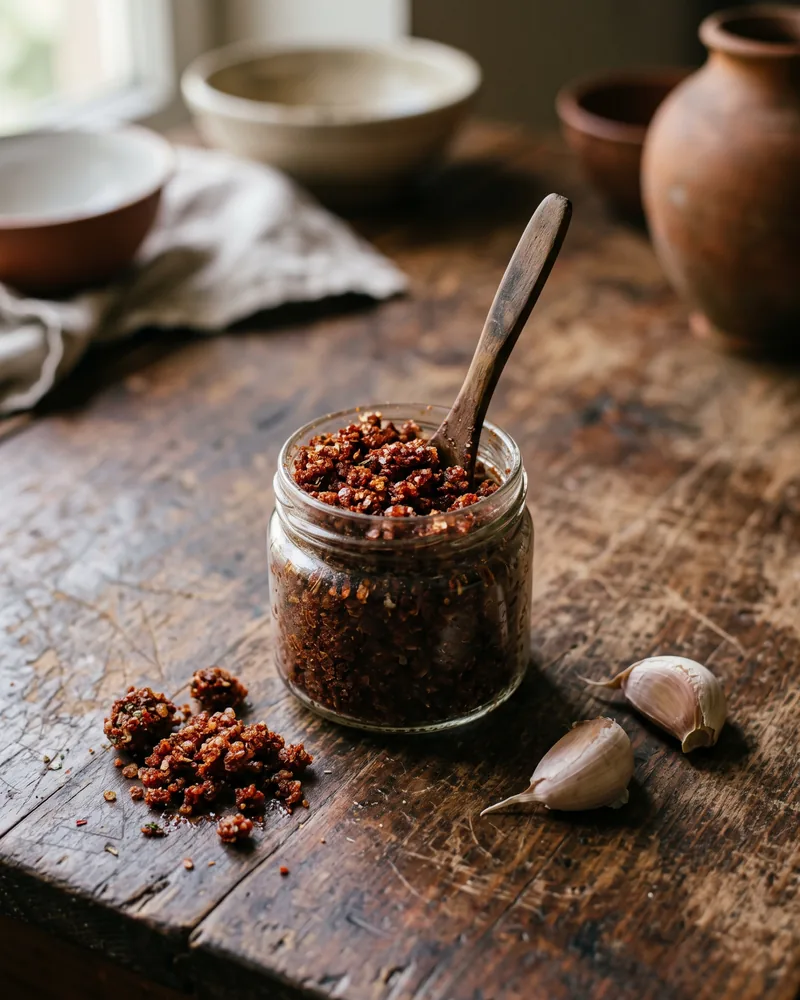 An open jar of damp, dark red Svan salt with a wooden spoon, garlic cloves and a small heap of the salt on a wooden table