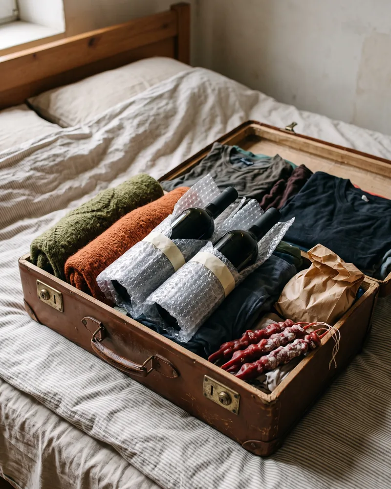 2 wine bottles in bubble-wrap sleeves packed in the middle of an open suitcase among folded jumpers, with strings of red churchkhela in the corner