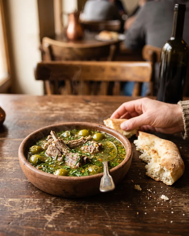 A clay dish of chakapuli, lamb stewed with tarragon and green plums in a green broth