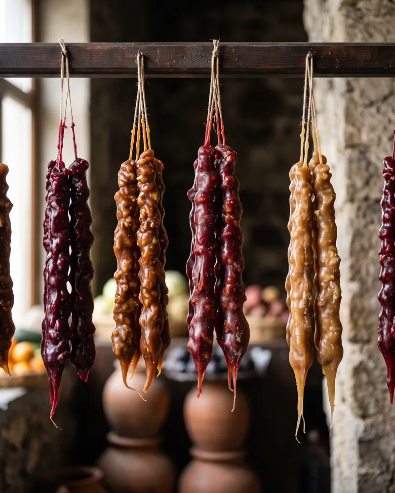 Strings of churchkhela in dark red, amber and gold hanging from a wooden rail