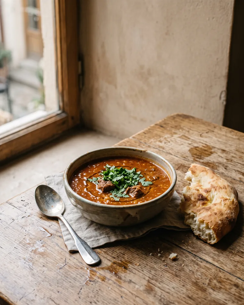 A bowl of kharcho, beef and rice soup with walnuts, topped with coriander, beside a piece of bread