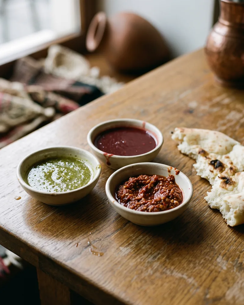 Green tkemali, red tkemali and red ajika in 3 small bowls, with a piece of bread