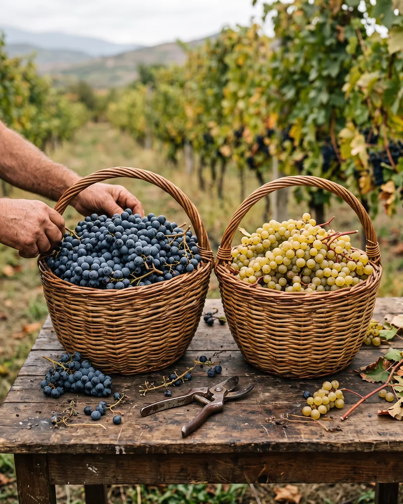 Baskets of red and white grapes at harvest on a wooden table between vine rows