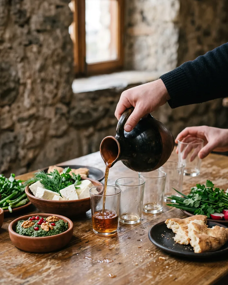 A hand pouring amber wine from a dark clay jug into small glass tumblers beside cheese, pkhali, bread and herbs on a feast table
