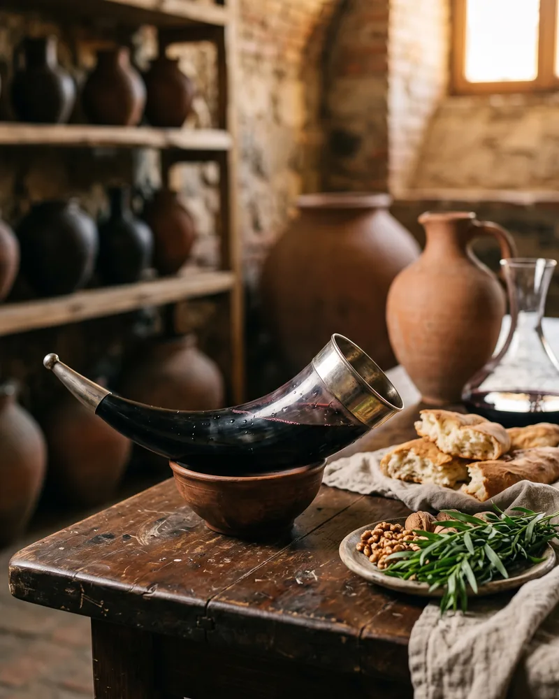 A drinking horn full of red wine resting on a clay bowl beside bread, walnuts and tarragon, with clay jugs behind it in a cellar