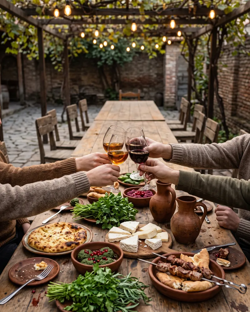 A long table under a vine-covered pergola laid with khachapuri, pkhali, herbs, cheese, grilled skewers and clay jugs, with 4 glasses of amber and red wine raised for a toast