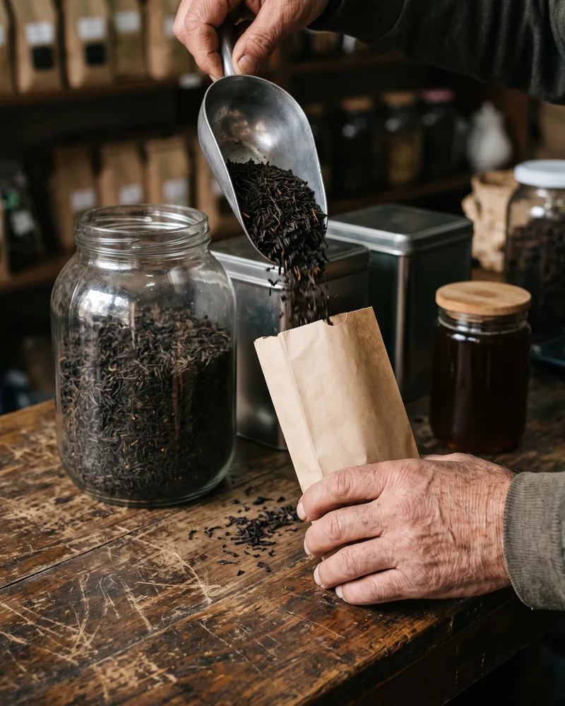 Loose black tea poured from a metal scoop into a brown paper bag on a wooden shop counter, beside a big glass jar of tea and a jar of honey