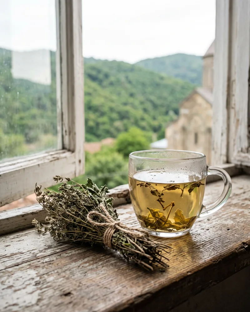 A bundle of dried thyme tied with string beside a glass cup of pale herbal tea on a wooden windowsill, green hills outside