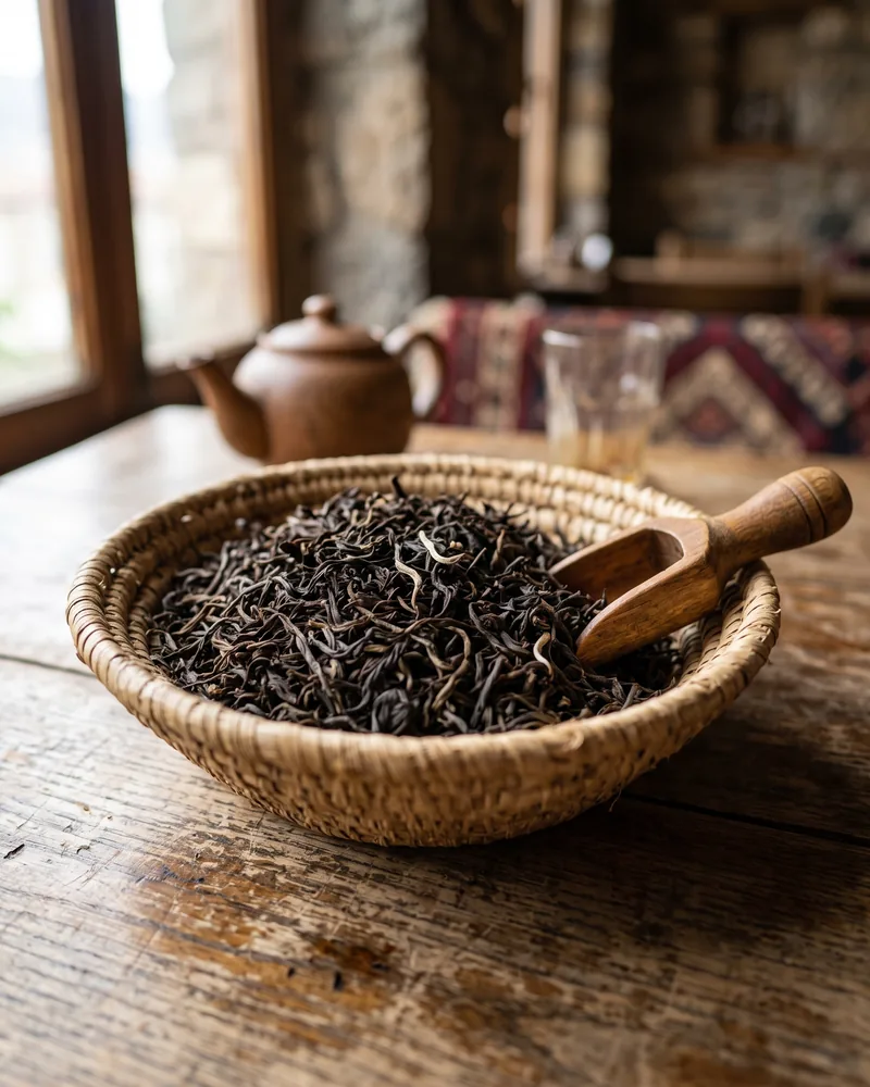 A heap of dark, tightly rolled black tea leaves on a flat woven basket with a small wooden scoop
