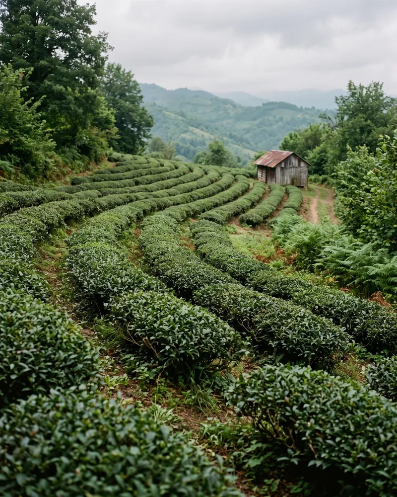 Rows of rounded green tea bushes over a gentle hillside with trees at the edges and a small wooden shed at the end of a row
