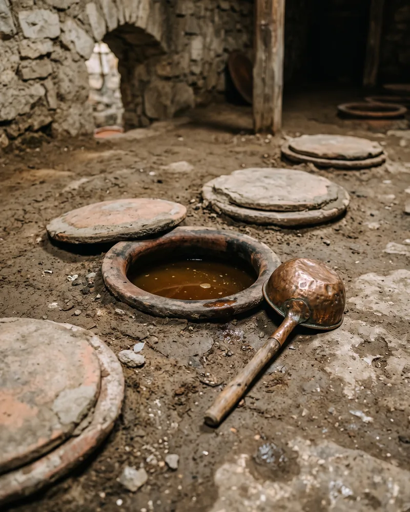 Clay qvevri set into the earth floor of a stone wine cellar under clay lids, one open with wine inside and a copper ladle beside it