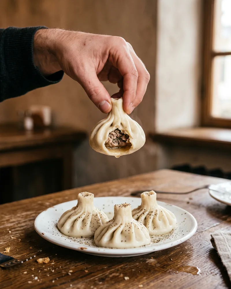 A hand holding a boiled khinkali by its knot, with a bite taken from the side showing the minced meat and broth inside